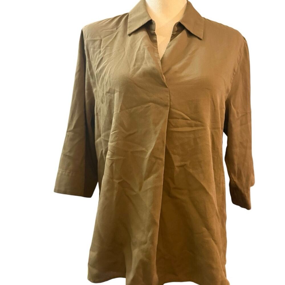 Uniqlo Olive Green Rayon Blend Open Collar 3/4 Sleeve Blouse, Women's Large